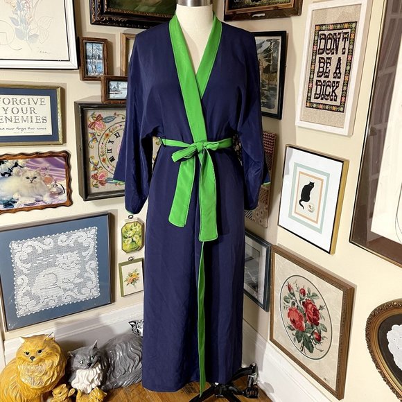 Natori Dark Blue Silky Crepe Kimono Style Maxi Wrap Robe with Green Trim Size S